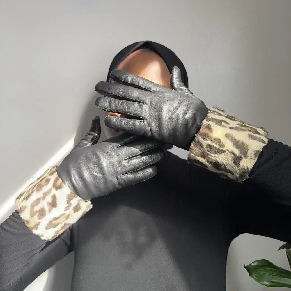 Luxe 90s Carolina Amato Leather‎ + Leopard cuff Gloves size 7.5